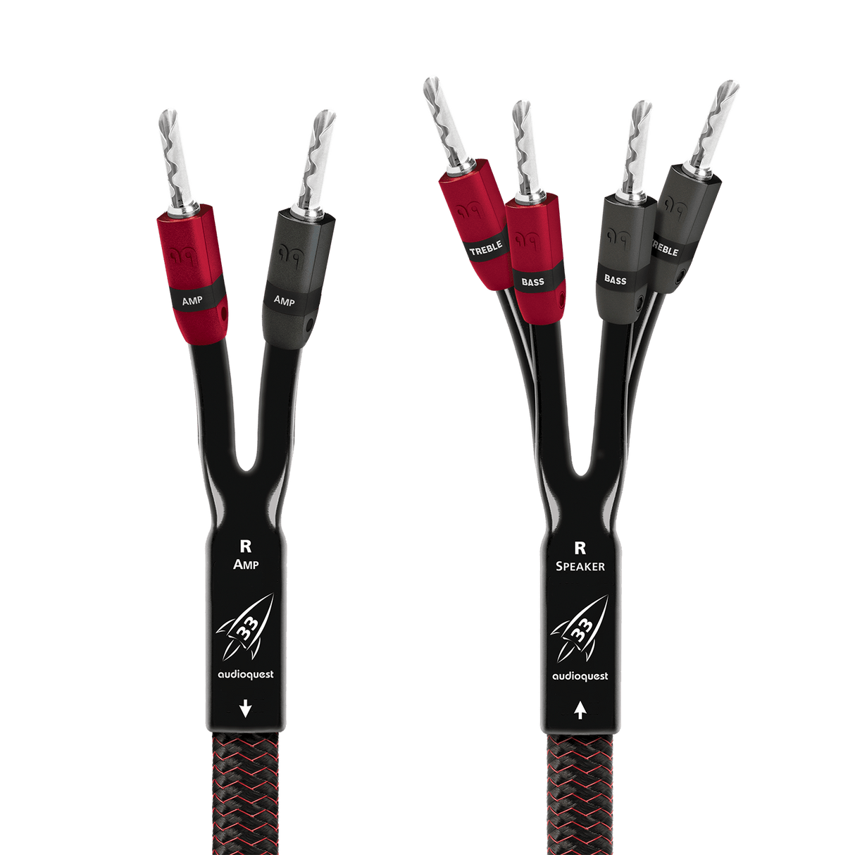 AudioQuest Rocket 33 Single BiWire - ROCK332.0SBS 2 m = 6 ft 6 in Pair - Braid Jacket 2 x Bananas > 4 x Bananas - Silver