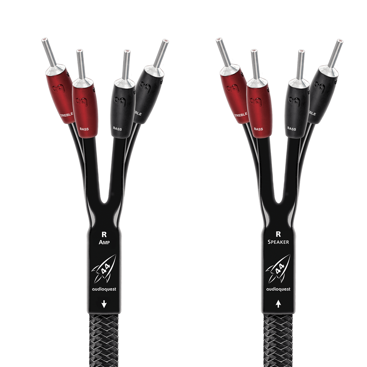 AudioQuest Rocket 44 Single BiAmp - ROCK442.0PR - SBA - BS 2 m = 6 ft 6 in Pair - Braid Jacket 4 x Bananas > 4 x Bananas - Silver