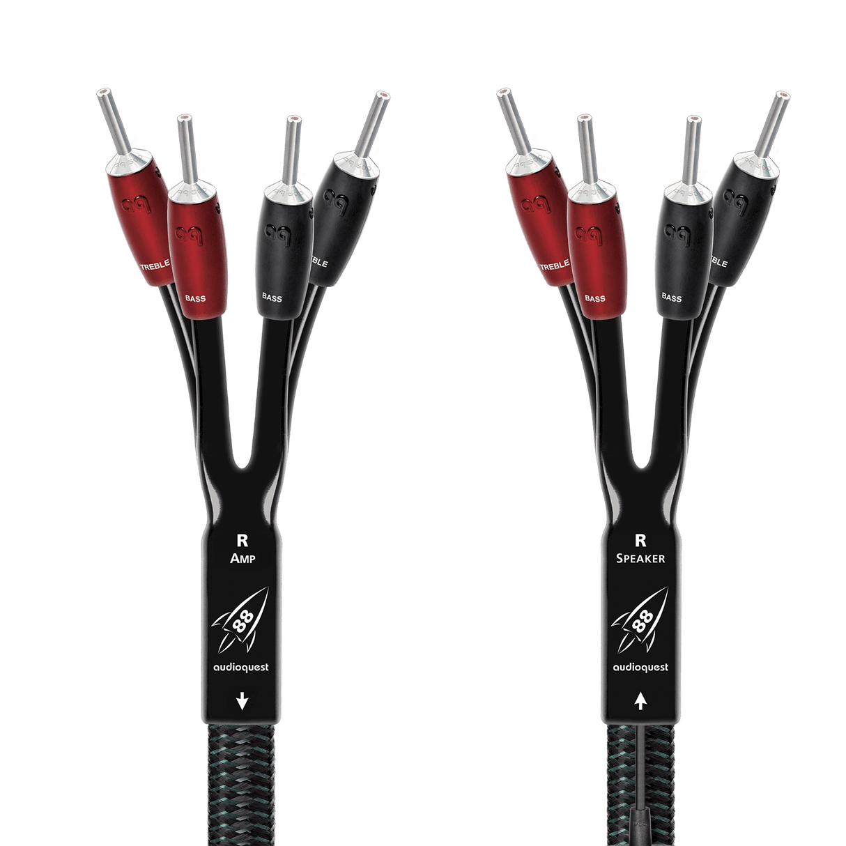 AudioQuest Rocket 88 Single BiAmp - ROCK882.0PR - SBA - BS 2 m = 6 ft 6 in Pair - Braid Jacket 4 x Bananas > 4 x Bananas - Silver