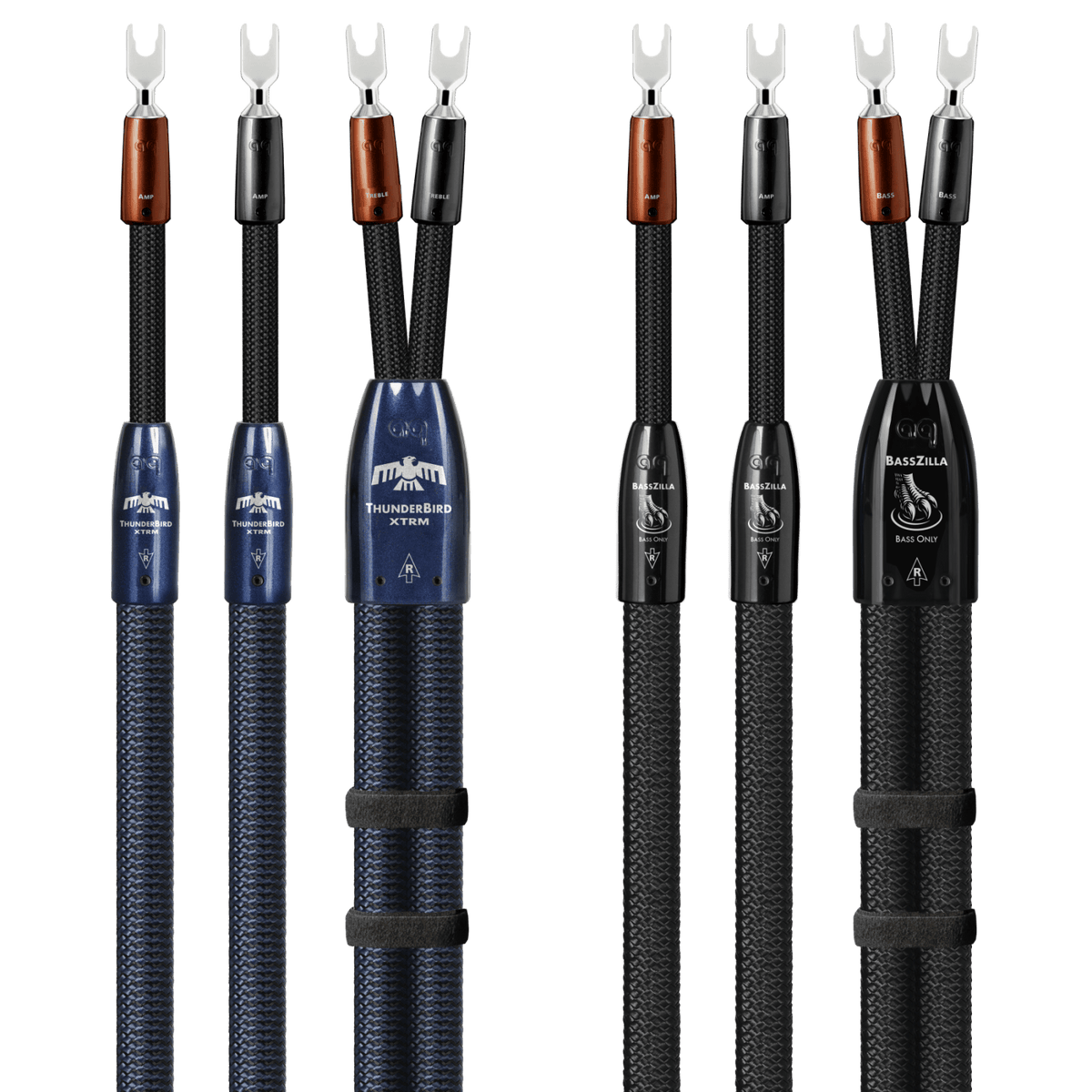 AudioQuest ThunderBird XTRM + BassZilla BiWire Combo - TBXBZCOMBO02S 2.5 m = 8.5 ft Pair 2 x Male U-Spade > 4 x Male U-Spade - Silver