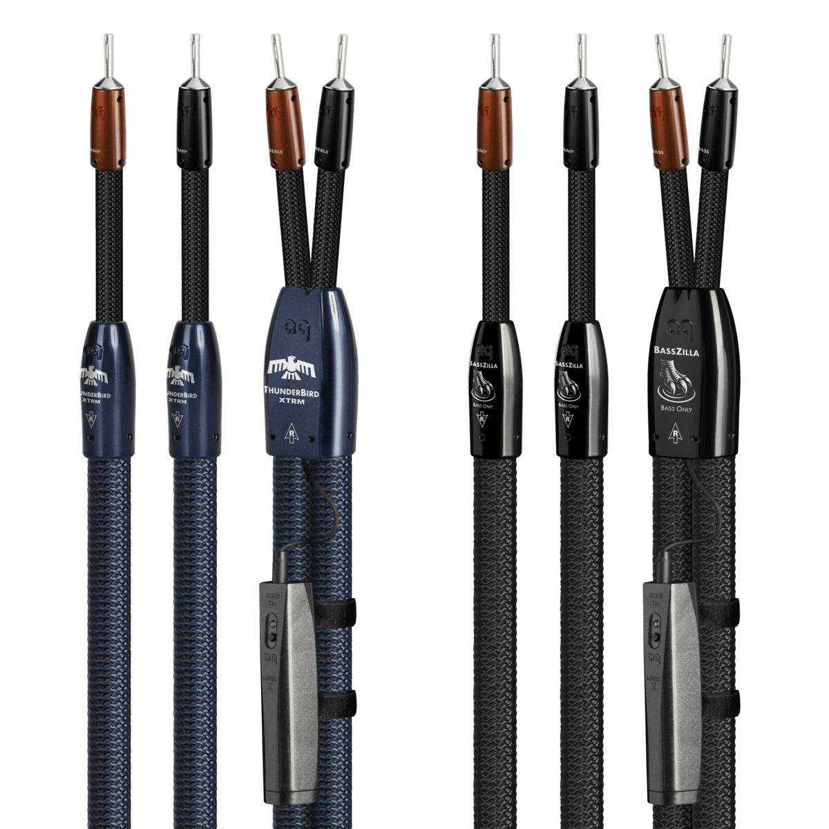 AudioQuest ThunderBird XTRM + BassZilla BiWire Combo - TBXBZCOMBO02S 2.5 m = 8.5 ft Pair 2 x Male U-Spade > 4 x Male U-Spade - Silver