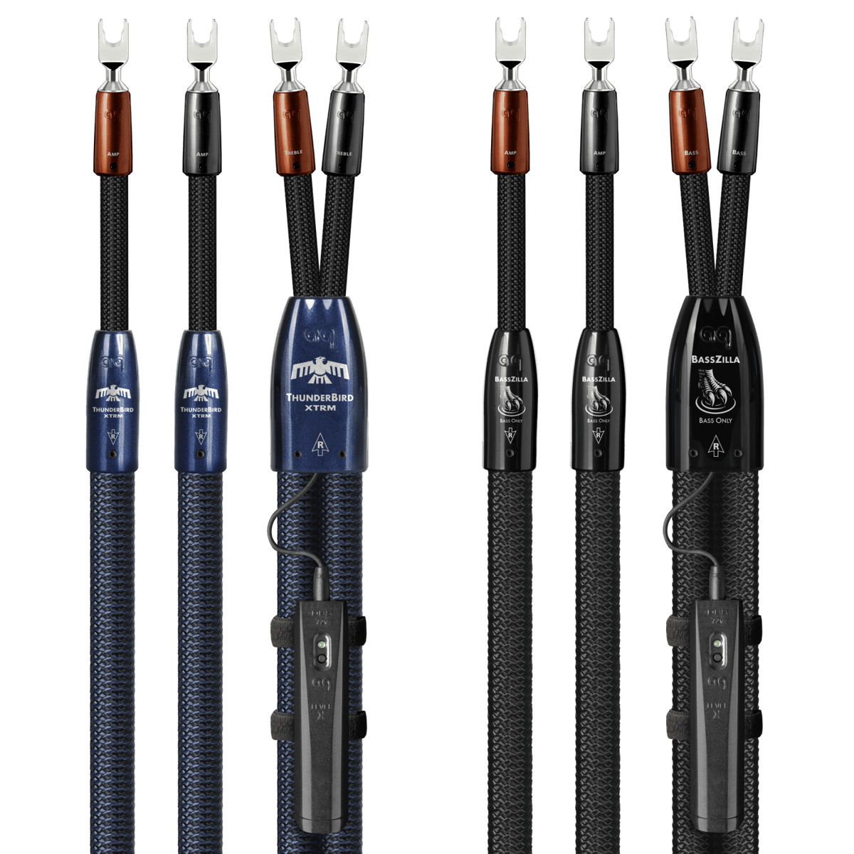 AudioQuest ThunderBird XTRM + BassZilla BiWire Combo - TBXBZCOMBO02S 2.5 m = 8.5 ft Pair 2 x Male U-Spade > 4 x Male U-Spade - Silver