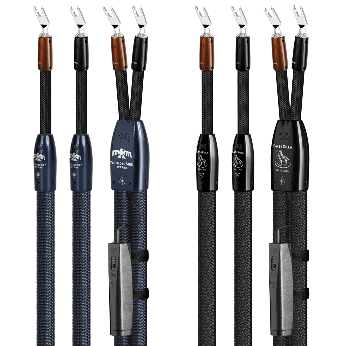 AudioQuest ThunderBird XTRM + BassZilla BiWire Combo - TBXBZCOMBO02S 2.5 m = 8.5 ft Pair 2 x Male U-Spade > 4 x Male U-Spade - Silver