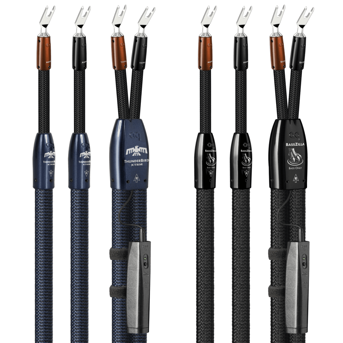 AudioQuest ThunderBird XTRM + BassZilla BiWire Combo - TBXBZCOMBO02S 2.5 m = 8.5 ft Pair 2 x Male U-Spade > 4 x Male U-Spade - Silver